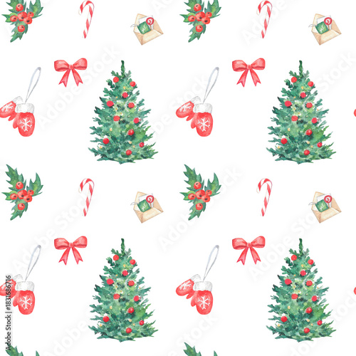Seamless watercolor pattern with Christmas Tree