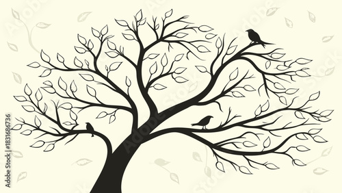 Vector illustration silhouette of a stylized tree with leaves and three small birds perched on its branches against a light background