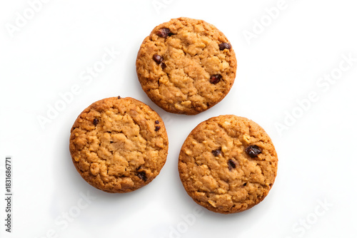 Three Chocolate Chip Cookies Arranged on White Background
