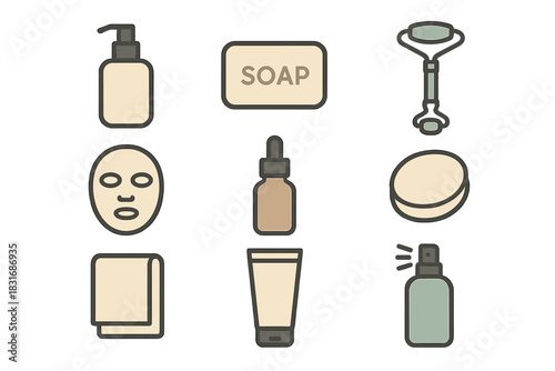 Minimalist Skincare Icons. Flat icon set of minimalist skincare: lotion bottle, soap bar, facial roller, face