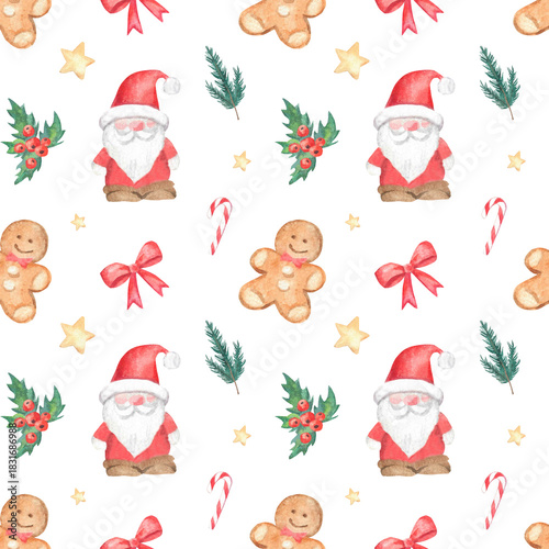 Seamless watercolor Christmas pattern with cookie and holly