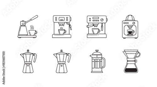 Collection of coffee maker silhouettes in a simple line art style silhouette