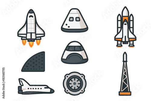 Space Shuttle Icons. Flat icon set of space shuttles: reusable shuttle, passenger capsule, launch rocket, heat