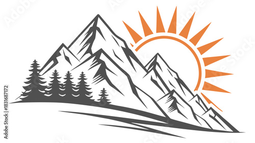 Vector illustration stylized graphic illustration of rugged mountain peaks with evergreen trees and a bright rising sun