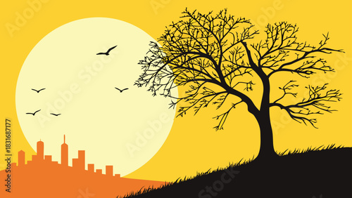 Vector illustration stylized silhouette of a bare tree on a hill against a large setting or rising sun over a distant city skyline