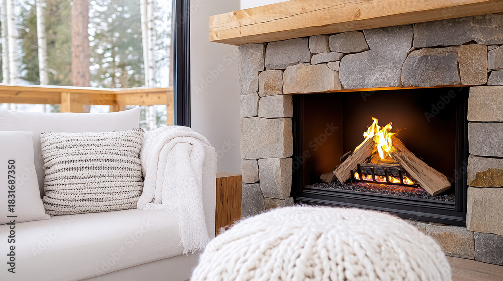 Obraz premium Cozy rustic fireplace corner with knitted throw pillow and wool pouf glowing warmly