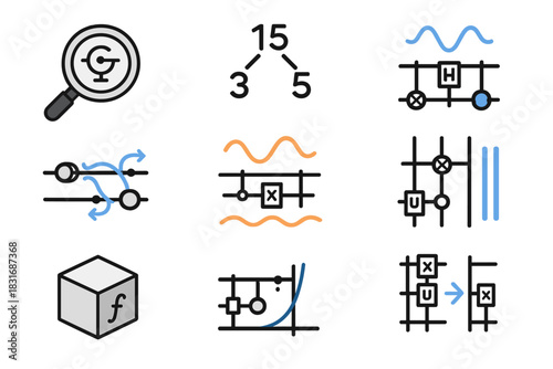 Quantum Algorithm Icons. Flat icon set of quantum algorithms: Grover’s search, Shor’s factoring, quantum