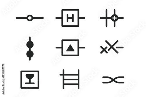 Quantum Circuit Icons. Flat icon set of quantum circuits: quantum wire, Hadamard gate, CNOT gate, Toffoli gate