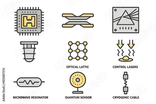 Quantum Hardware Icons. Flat icon set of quantum hardware: superconducting chip, ion trap, photonic processor,