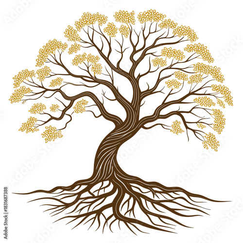 Vector illustration stylized illustration of a mature tree with a thick, twisting trunk, extensive roots, and golden foliage