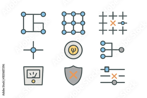 Quantum Error Correction Icons. Flat icon set of quantum error correction: stabilizer code, surface code