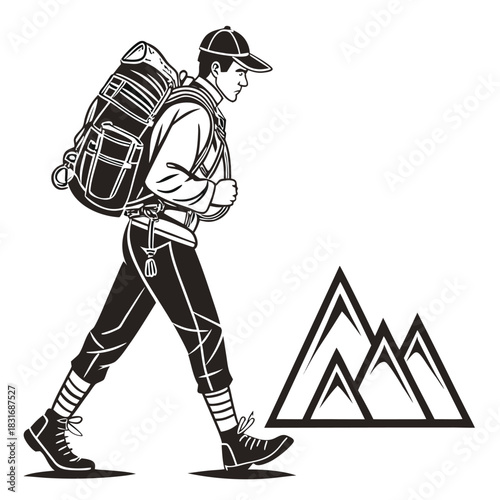 Vector illustration black and white illustration of a hiker with a large backpack walking past stylized mountain peaks