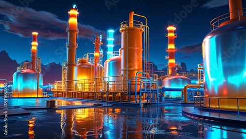Industrial refinery at night with illuminated towers and reflective water