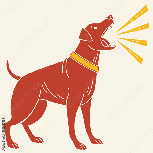 Vector illustration stylized illustration of a reddishbrown dog with a yellow collar barking loudly with sound waves emanating from its mouth