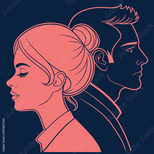 Vector illustration stylized illustration depicting a man and woman standing back to back with somber expressions, suggesting conflict or distance