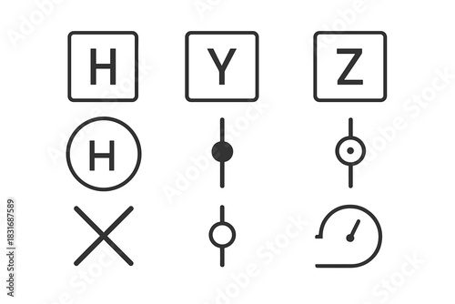 Quantum Gate Icons. Flat icon set of Quantum Gates: X gate, Y gate, Z gate, Hadamard gate, CNOT gate, Toffoli