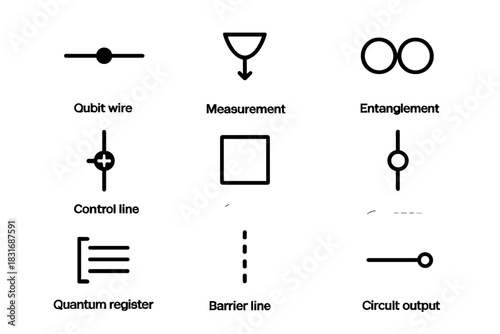 Quantum Circuit Icons. Flat icon set of Quantum Circuits: qubit wire, measurement node, entanglement link,