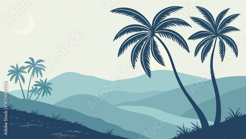 Vector illustration stylized silhouette illustration of palm trees against layered blue hills under a crescent moon at twilight