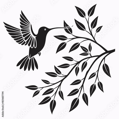 Vector illustration black and white silhouette of a hummingbird hovering near a leafy branch