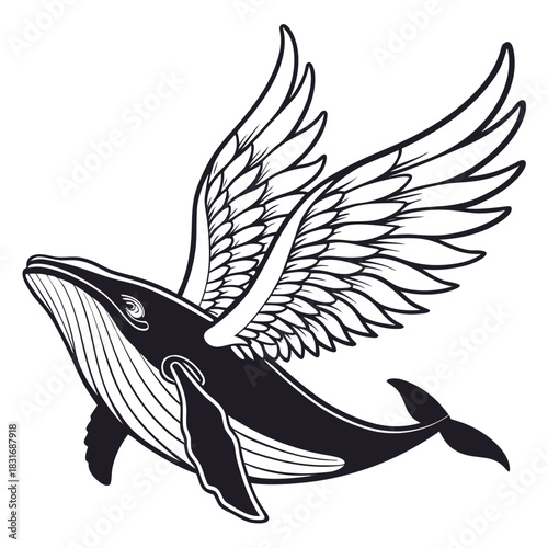 Vector illustration black and white line art illustration of a flying whale with large feathered wings