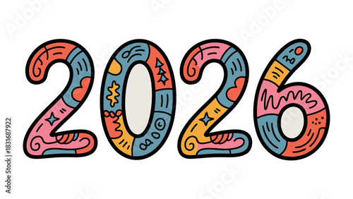 Visualizing 2026: An intricately designed illustration of the year 2026, bursting with colorful patterns and artistic flair, symbolizing the future and creative expression.