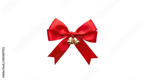 Festive red satin bow and tiny golden bells, conveying holiday cheer on a clean white backdrop
