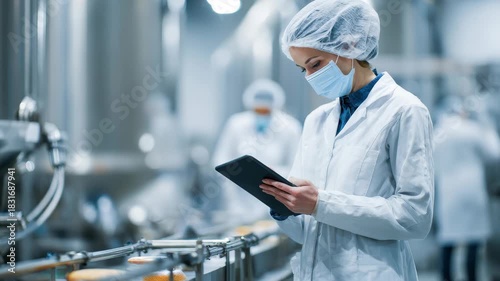 Monitoring food production line for quality assurance and safety by HACCP expert in a processing facility during daytime operations