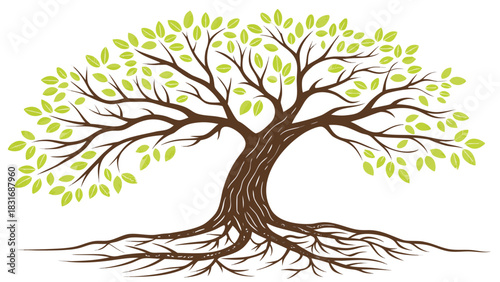 Vector illustration stylized illustration of a mature tree with extensive roots and light green foliage
