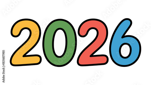 The Year 2026: A vibrant and colorful depiction of the year 2026, expressed through bold numbers and playful design, symbolizing future or upcoming date