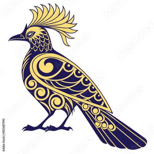 Vector illustration stylized illustration of a roadrunner bird with intricate dark blue and yellow tribal or ornate patterns