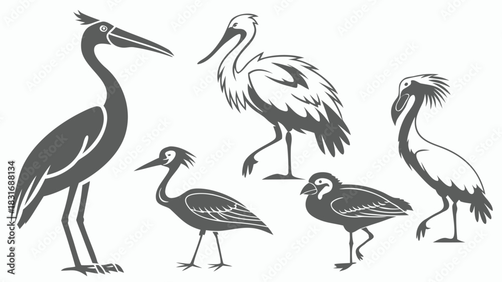 Obraz premium Vector illustration silhouette illustration of five different wading birds standing in various poses
