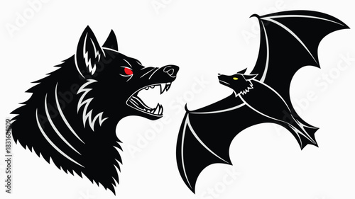 Vector illustration black silhouette graphic of an angry wolf head facing a flying bat