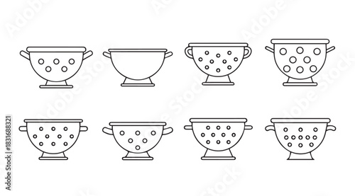 Collection of eight different colanders and strainers in a simple line drawing silhouette style
