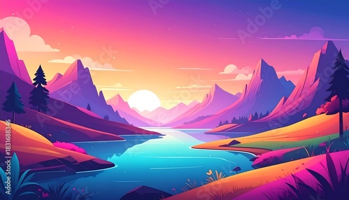 Colorful cartoon landscape scene with mountains, lake, and trees under a bright sun in a vivid, dreamy style