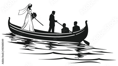 Vector illustration silhouette of a bride and groom in a gondola with two other passengers on the water