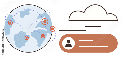 Earth with connections, cloud and user profile panel conveying remote access, connectivity, data sharing, digital identity, online communication, cloud computing, global collaboration. Ideal