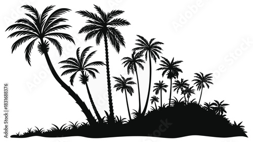 Vector illustration silhouette of several palm trees growing on a small tropical island mound