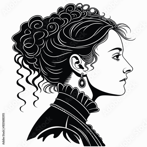 Vector illustration black and white profile illustration of a victorian woman with elaborate updo hairstyle and ruffled collar