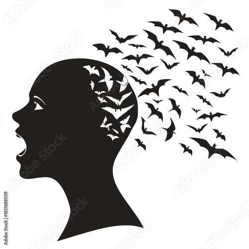 Vector illustration silhouette of a screaming womans head with a swarm of bats flying out of her mind
