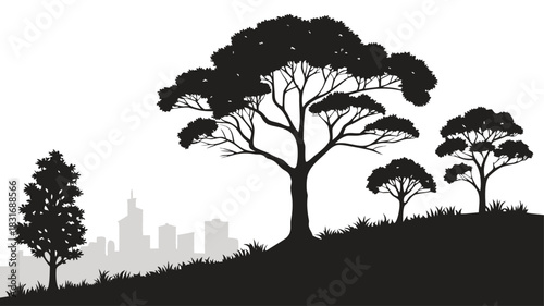 Vector illustration silhouette of large acacia trees on a grassy hill overlooking a distant, faint city skyline in black and white