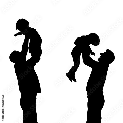 Dads wits kids. Silhouettes of fathers holding their children in their arms raised above their heads.eps