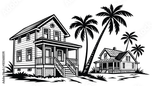 Vector illustration black and white illustration of two traditional beach houses with tall palm trees in a tropical setting