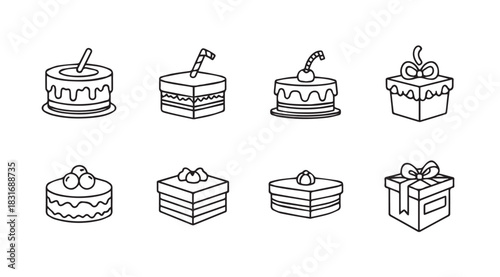 Collection of hand drawn sweet treat and gift box icons silhouette