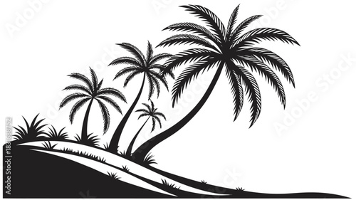 Vector illustration black and white silhouette illustration of several palm trees growing on a small, grassy hill