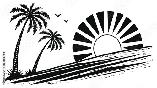 Vector illustration black and white graphic design featuring two stylized palm trees against a rising sun silhouette over textured ground