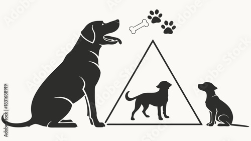 Vector illustration silhouette graphic illustrating dog training concepts with a large dog, small dog, and reward symbols