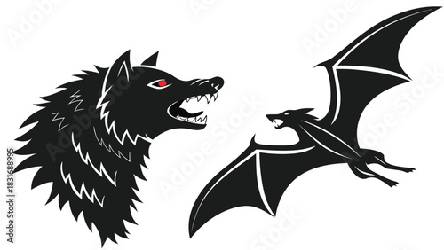Vector illustration stylized black silhouette of an aggressive wolf head facing a flying bat creature