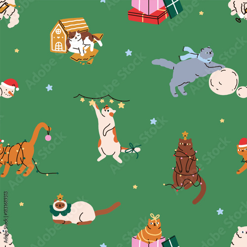 Seamless pattern with cute naughty merry Christmas cats. Endless festive background, repeating print with funny kittens on winter holiday fun. Flat vector illustration for seasonal wrapping, textile