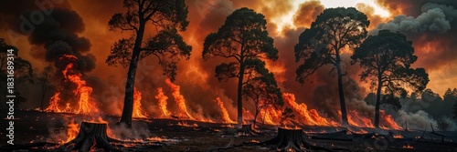 Devastating wildfire engulfs forest, creating a dramatic scene of destruction