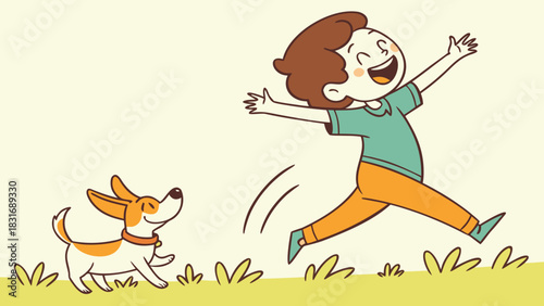 Vector illustration joyful cartoon illustration of a happy child running and jumping outdoors with a small dog companion